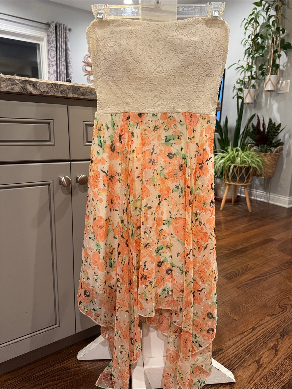 Strapless Lace Bodice Floral High-Low Dress with Cut out Back